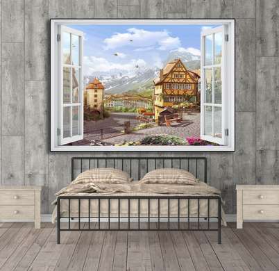 Stickere pentru pereți - Fereastra 3D cu vedere spre un oraș din munți, Imitarea Ferestrei, 130 х 85