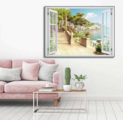 Wall Sticker - 3D city view window by the sea with flowers, Window imitation