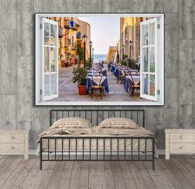Наклейка на стену - 3D-окно с видом на кафе под открытым небом, Имитация окна, 130 х 85