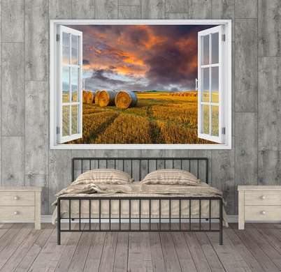 Наклейка на стену - 3D-окно с видом на закат в поле пшеницы, Имитация окна, 130 х 85