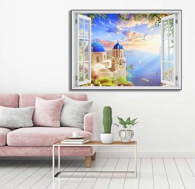Stickere pentru pereți - Fereastra 3D cu vedere spre o casă minunată pe malul mării, Imitarea Ferestrei, 70 х 50