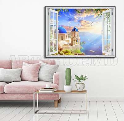 Наклейка на стену - 3D-окно с видом на чудесный пляжный дом, Имитация окна, 70 х 50