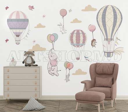 Autocolante de perete, Animale drăguțe cu baloane în nuanțe pal, SET-M