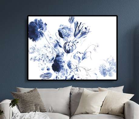 Poster - Blue flowers, 90 x 60 см, Framed poster on glass