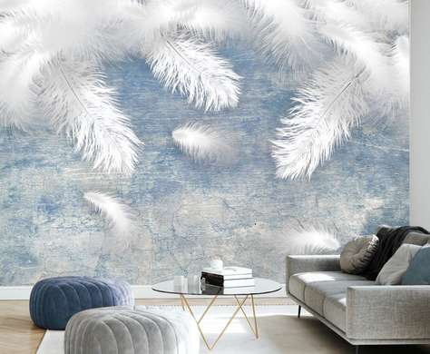 Wall Mural - White feathers on a blue background