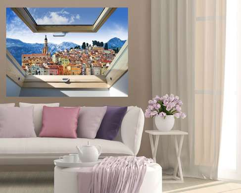 Stickere pentru pereți - Fereastra 3D cu vedere spre un oraș, Imitarea Ferestrei, 130 х 85