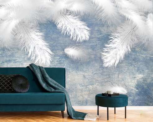 Wall Mural - White feathers on a blue background