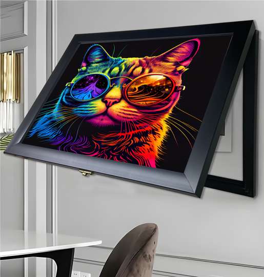 Мультифункциональная Картина - Разноцветный кот, 40x60cm, Черная Рама