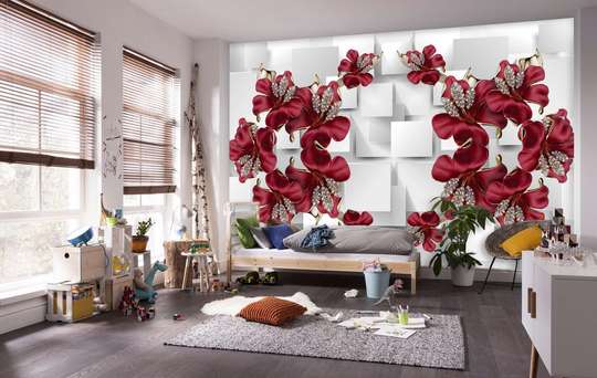 3D Wallpaper - Burgundy flowers on a white 3D background