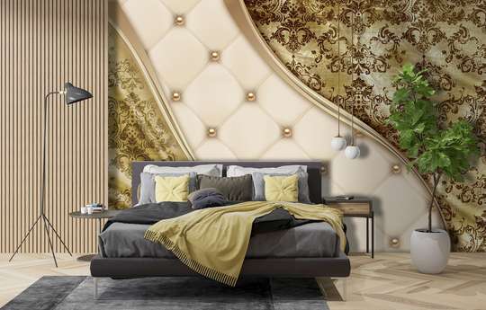 Wall Mural - Classic ornaments and leather wall imitation in golden hues