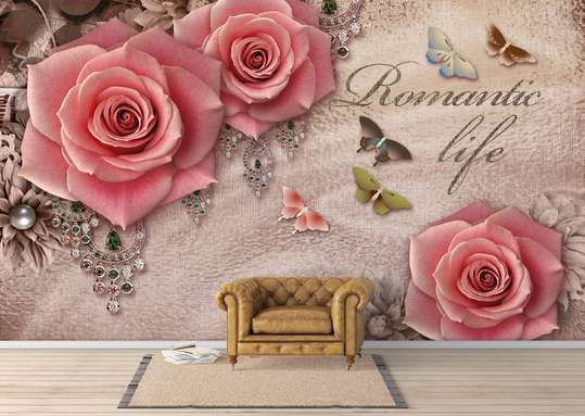 3D Wallpaper - Pink roses on a beige background.