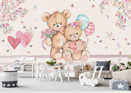 Wall Mural - Teddy bears on background with hearts