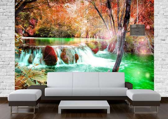 Wall Mural - A small waterfall in an enchanted autumn forest