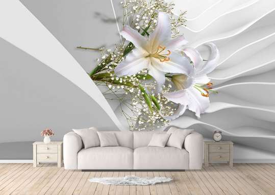 3Д Фотообои - Лилии на белом шелковом фоне