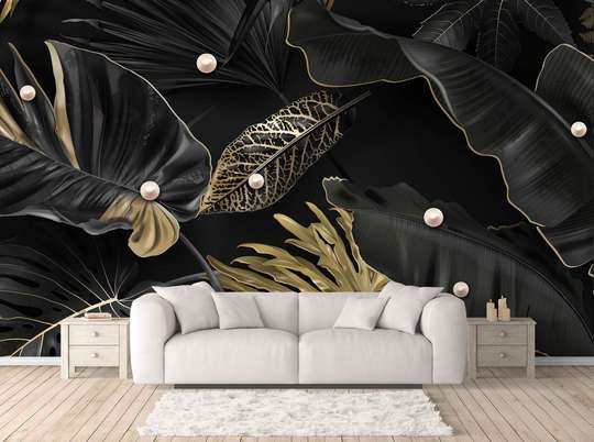 Wall Mural - Golden leaves on a black background
