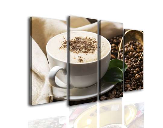 Tablou Pe Panza Multicanvas, Ceașca de cappuccino și boabe de cafea, 198 x 115