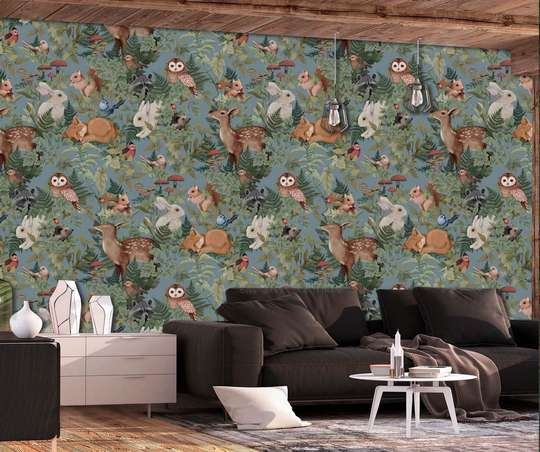 Wall Mural - Forest animals in foliage on a green background