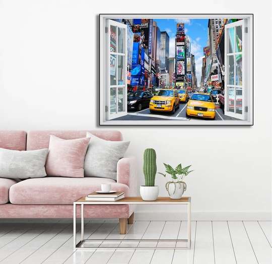 Stickere pentru pereți, Fereastra 3D cu vedere spre New York-ul aglomerat, 130 х 85