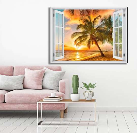 Наклейка на стену - Окно с видом на пляж заката, 130 х 85