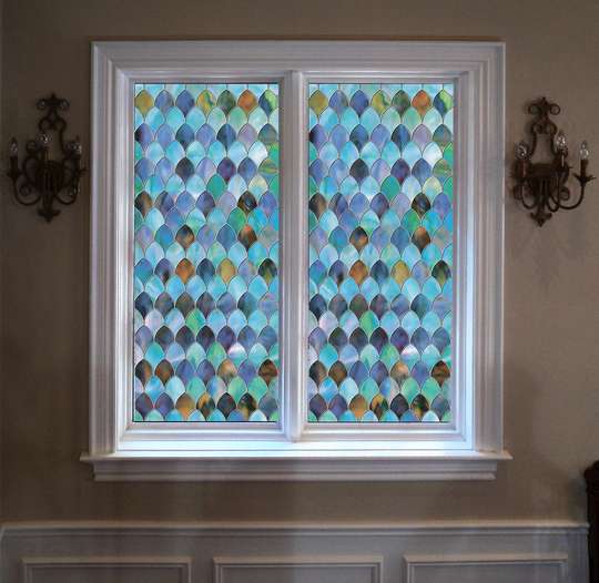 Самоклейка для окон, Декоративный витраж с голубыми переливами и геометрией, 60 x 90cm, Transparent, Витражная Пленка