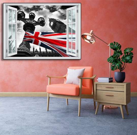 Wall Sticker - 3D window with a view of the London flag, Window imitation