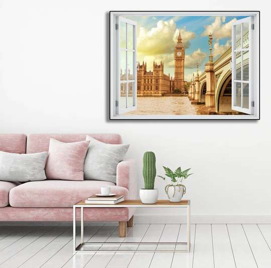 Наклейка на стену - 3D-окно с видом на Лондонскую башню с часами, Имитация окна, 130 х 85