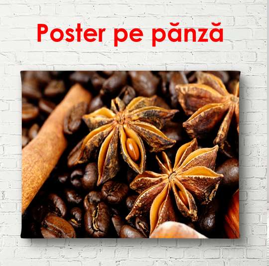 Постер - Кофейные зерна с корицей, 90 x 60 см, Постер в раме