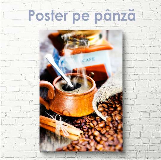 Poster - Cup of coffee and coffee beans, 30 x 60 см, Canvas on frame