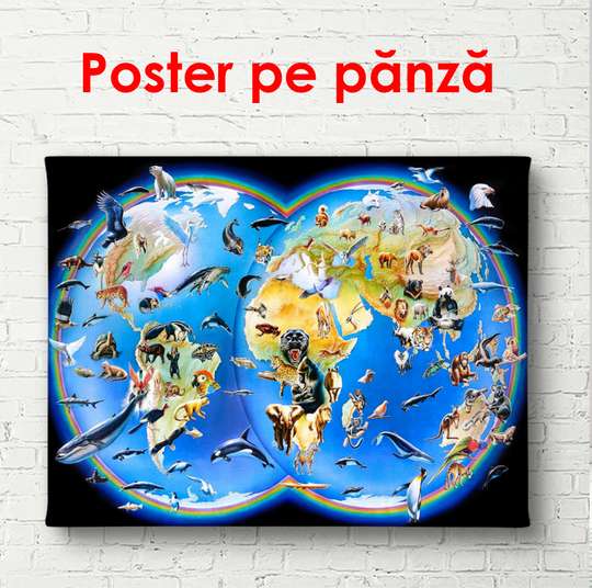 Постер - Карта мира с рыбками на черном фоне, 45 x 30 см, Холст на подрамнике, Города и Карты