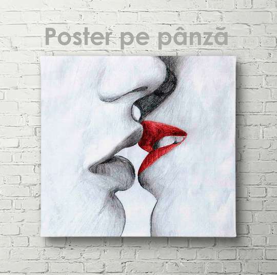 Постер - Черно-красный поцелуй, 40 x 40 см, Холст на подрамнике, Ню