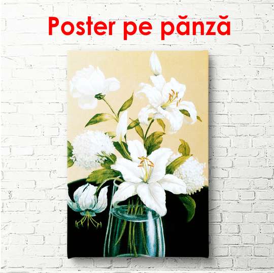 Poster - Buchetul de crini albi într-o vază de sticlă, 60 x 90 см, Poster înrămat, Flori