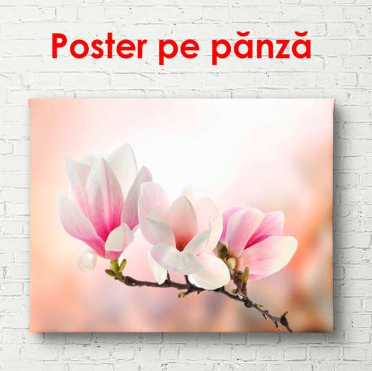 Постер - Нежные розовые магнолии на темном розовом фоне, 90 x 45 см, Постер в раме