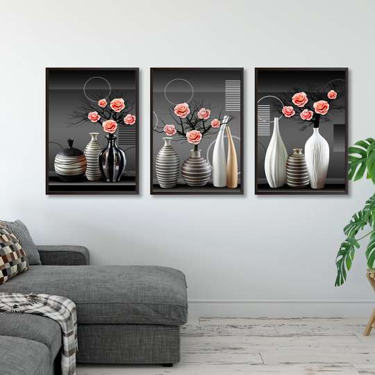 Poster - Trandafiri în vaze, 60 x 90 см, Poster inramat pe sticla