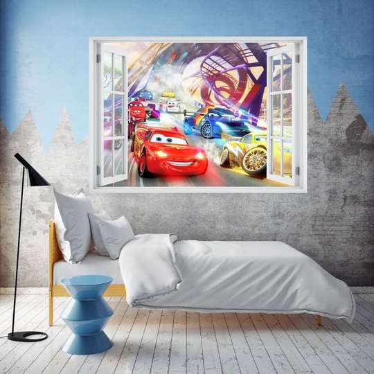 Wall Sticker - 3D window with Fulger McQueen race view, Window imitation