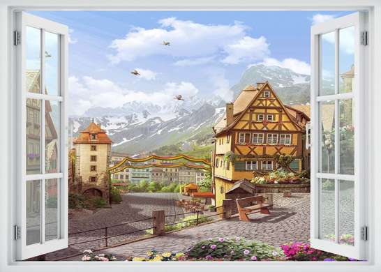 Наклейка на стену - 3D-окно с видом на горный город, Имитация окна, 130 х 85