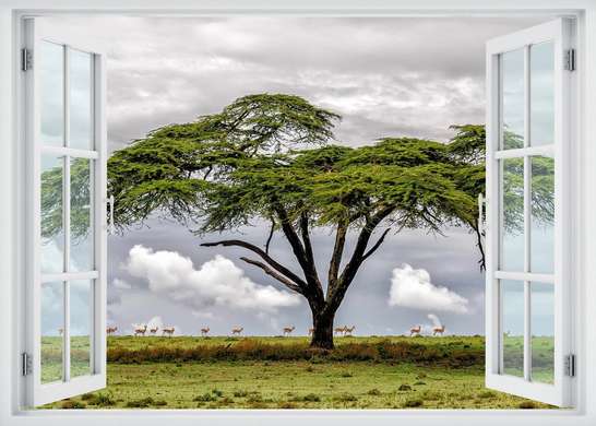Stickere pentru pereți - Fereastra 3D cu vedere spre un copac în singurătate, Imitarea Ferestrei, 130 х 85