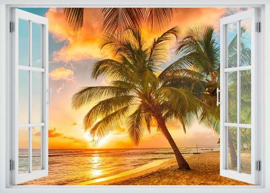 Наклейка на стену - Окно с видом на пляж заката, Имитация окна, 130 х 85