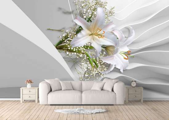 3Д Фотообои - Лилии на белом шелковом фоне