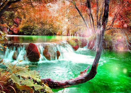 Wall Mural - A small waterfall in an enchanted autumn forest