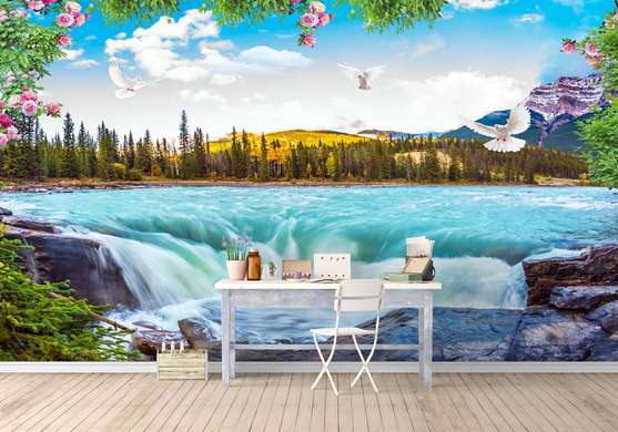 Wall Mural - Waterfall on the background of a beautiful landscape.