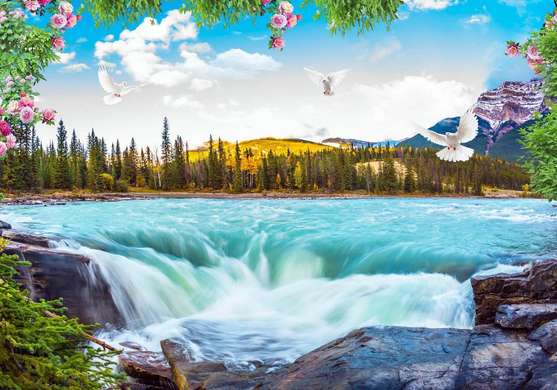 Wall Mural - Waterfall on the background of a beautiful landscape.