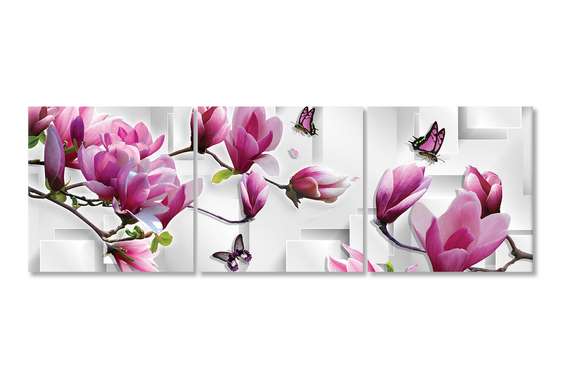 Modular picture, Pink magnolias and butterflies