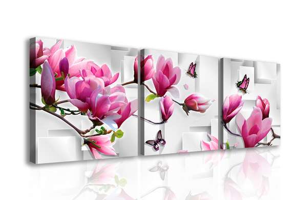 Модульная картина, Розовые магнолии и бабочки, 135 x 45