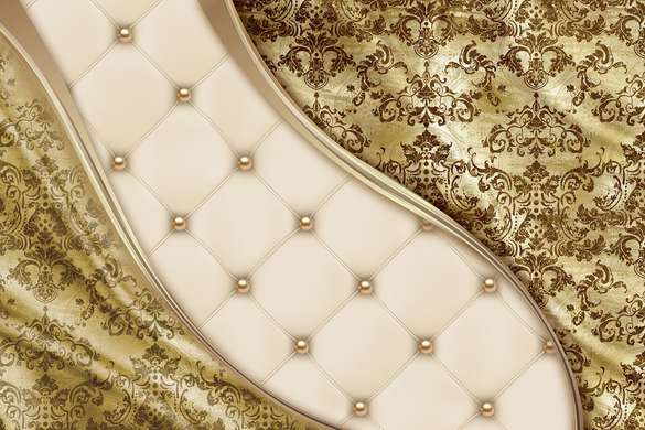 Fototapet - Ornamente clasice și imitație de perete din piele în nuanțe aurii