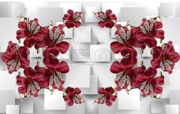 3D Фотообои, Бордовые цветы на белом фоне