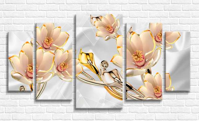 Modular picture, Jewelry in the form of flowers in shades of beige, 108 х 60