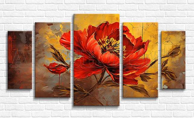 Modular picture, Red flower on a yellow background, 108 х 60