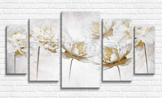 Modular picture, Gray flowers with gold, 108 х 60