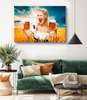 Poster - Girl and beer mugs, 90 x 60 см, Framed poster on glass
