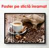 Poster - O pungă de boabe de cafea pe o masă lângă cafea într-o cană albă, 90 x 60 см, Poster inramat pe sticla, Alimente și Băuturi